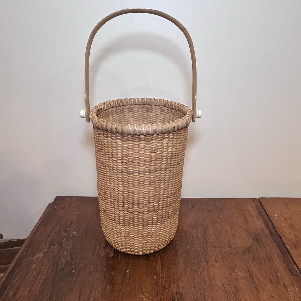 Vtg Tall Nantucket Basket w/ Wood Swing Handle Nautical Vase, Bottle, 15"